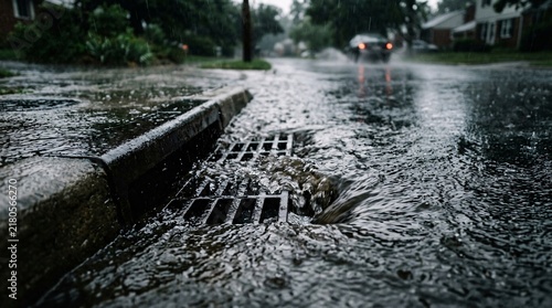 Torrential rain pouring into a deep concrete street drain, surging water overflowing an iron grate, wet suburban road in an intense storm