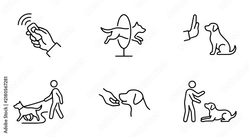 Fototapeta premium Dog Training Icons Set: Agility, Commands, Leash Walking, Treats, Remote Clicker