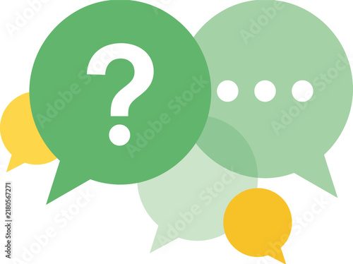 Green and yellow speech bubbles with question mark and dots icons representing communication and feedback