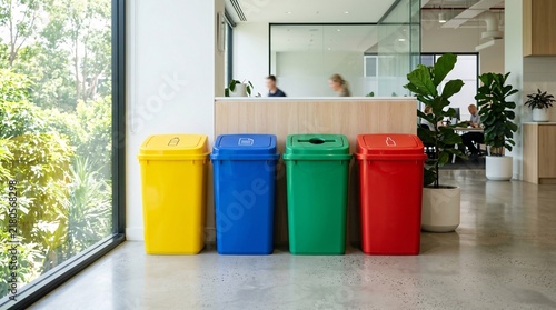 Neat modern row of colorful recycling bins in bright yellow, royal blue, emerald green and scarlet red inside a glossy office interior.