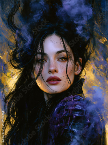 Woman with Flowing Dark Hair and Ethereal Smoke