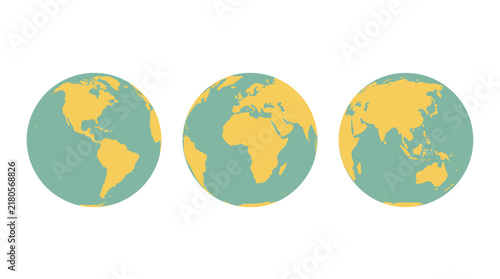 Three flat earth globe icons showing different continents in yellow and green colors