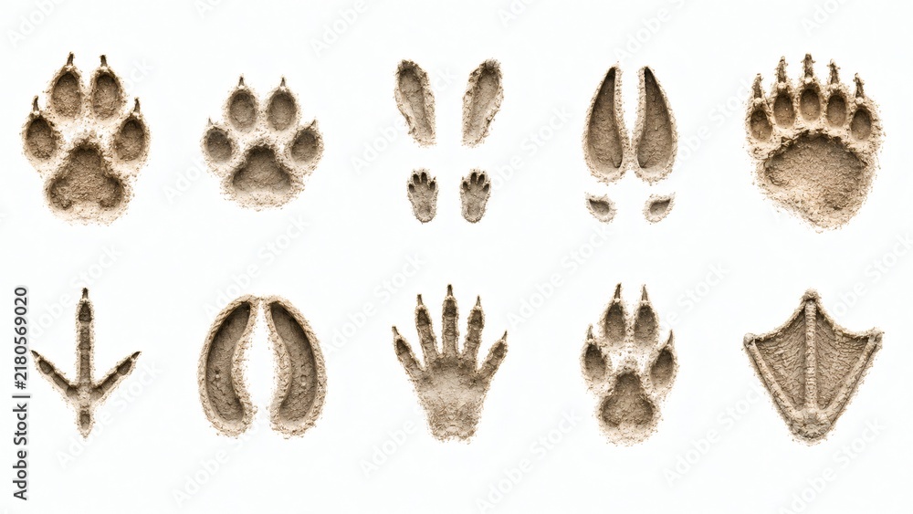 Obraz premium A collection of various animal footprints and paw prints on a white background
