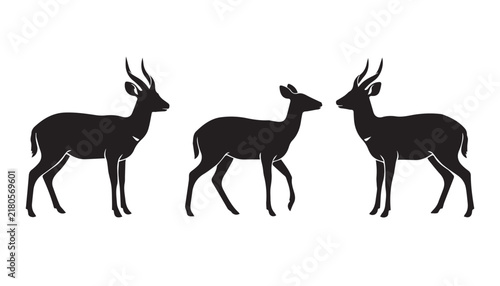 Canvas Print black color silhouette set of three Grant's Gazelle vector illustration, solid w