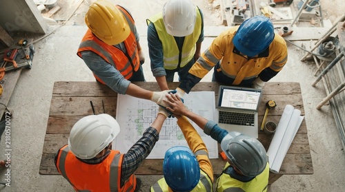Construction team of diverse professionals in safety gear joining hands over architectural blueprints on a wooden table to symbolize cooperation and unity during a project