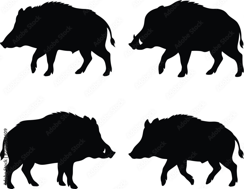 Fototapeta premium Wild boar silhouette vector. Wild pig vector icon set
