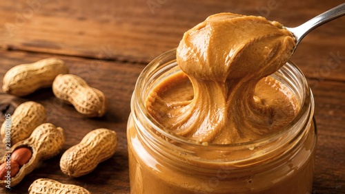 Spoon scooping creamy peanut butter from glass jar with peanuts