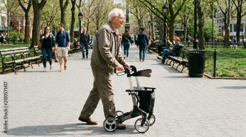 Elderly man walking with mobility aid in city park on sunny spring day