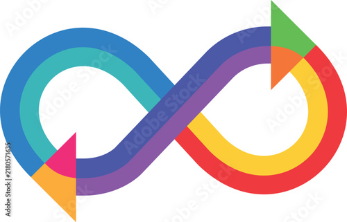 Infinity sign in the form of a figure eight, colored arrows icon, direction of movement, pointer