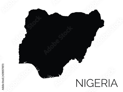 Black silhouette map of Nigeria country shape with text label