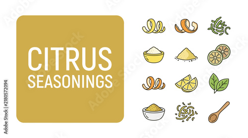 A collection of vibrant culinary icons representing various citrus peel seasonings zest powders slices and fresh aromatic ingredients for cooking