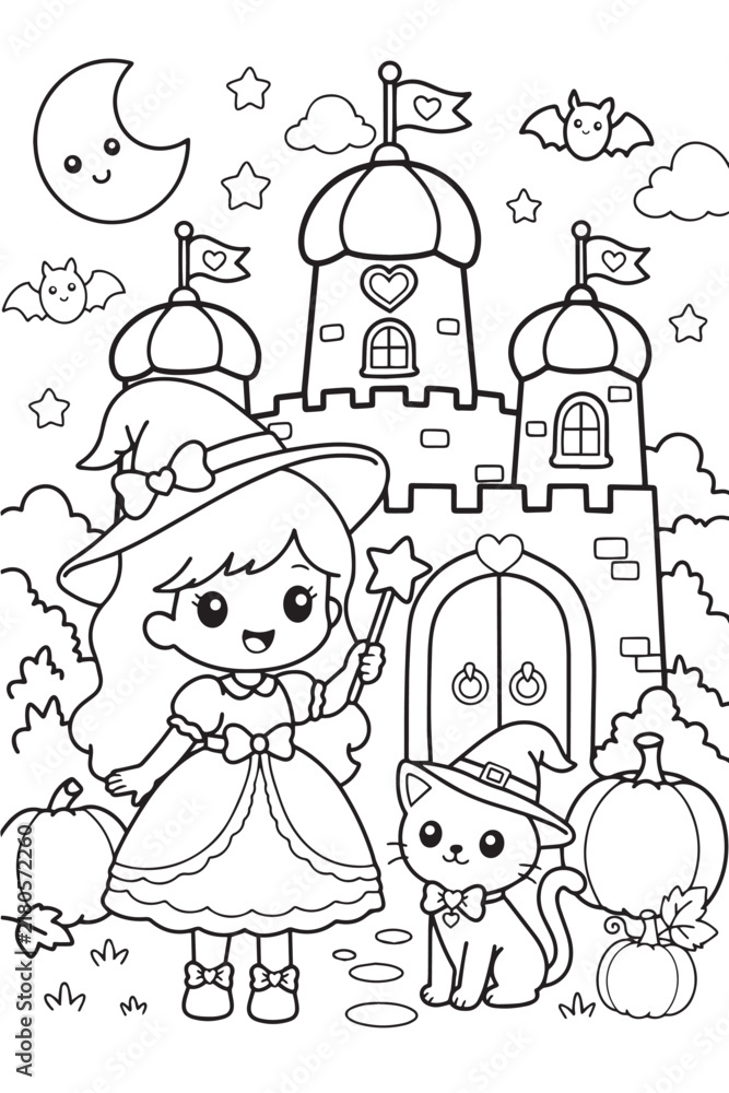 Fototapeta premium Cute Witch Girl in a Halloween Land Coloring Page for Kids