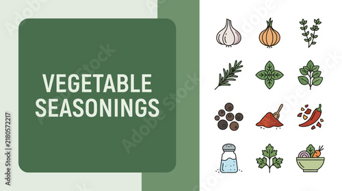 Vector icons set of vegetable seasonings and culinary herbs including garlic, chili, pepper, rosemary and salt