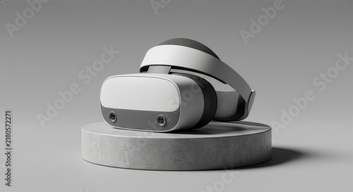 Fototapeta 円形ステージの台座の上に置かれた最新のVRヘッドセットとミニマルなグレー背景の製品スタジオショット。仮想現実やメタバース、空間コンピューティングのテクノロジーコンセプト