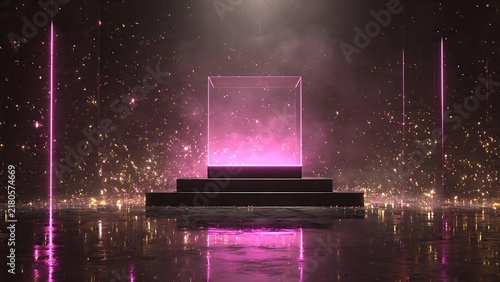 Glowing pink transparent cube on podium with sparkling particles in dark room
