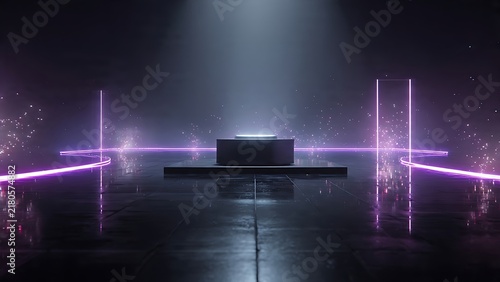 Small glowing platform with purple neon outlines and spotlight in dark room