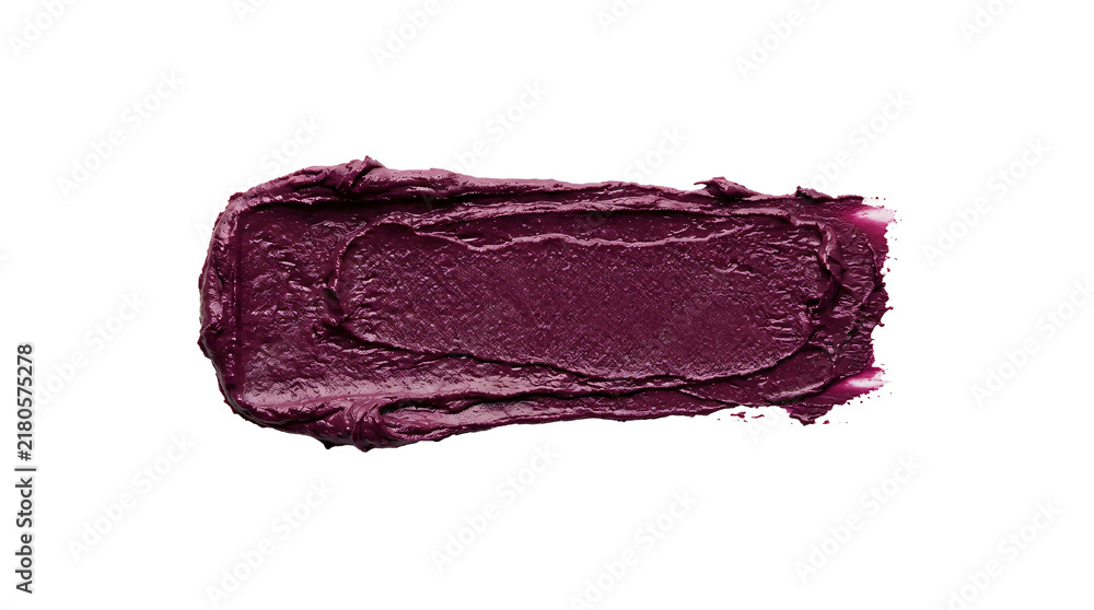 Obraz premium Deep dark purple lipstick texture smeared in a thick horizontal stroke pattern created with professional cosmetic makeup on transparent background