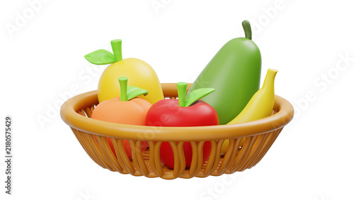 3D Illustration of a Colorful Assortment of Fresh Fruits in a Woven Basket on White Background