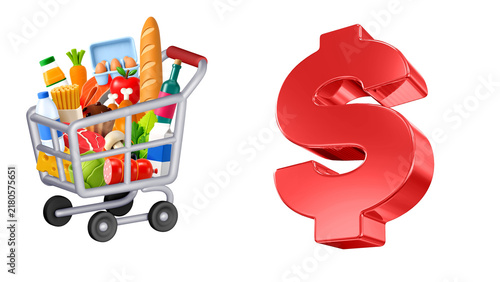 Illustration of a full grocery shopping cart next to a shiny red dollar sign, symbolizing the rising cost of food and consumer spending.