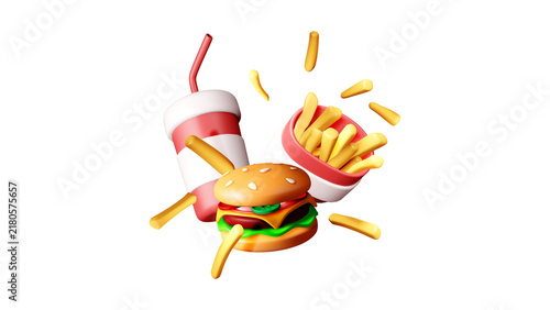 Dynamic 3D illustration of a classic fast food meal with a burger, fries, and soda exploding on white.