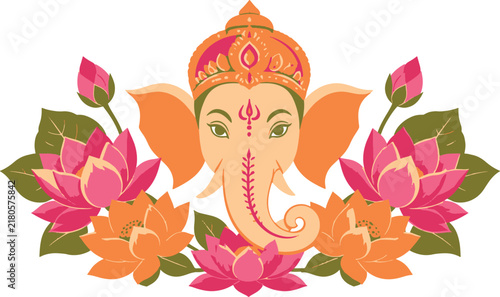 Happy Ganesh Chaturthi greeting design featuring Lord Ganesha surrounded by blooming lotus flowers and vibrant green leaves