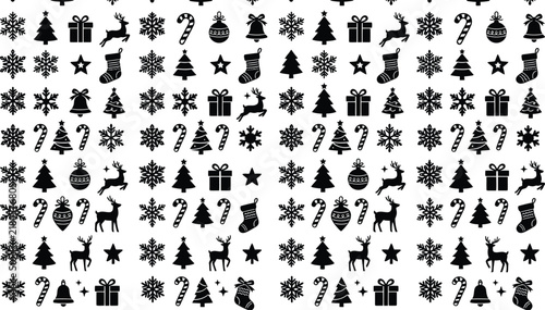 Seamless pattern background featuring various black christmas icons including snowflakes trees gift boxes and reindeer silhouettes on white