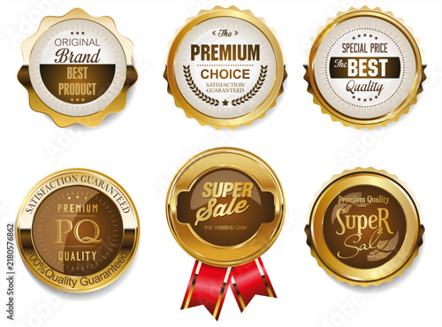Premium quality and Gold award badges with laurel wreaths, crowns and trophies symbols. Golden award and high quality emblems 