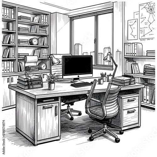 Black and white sketch of a modern home office interior