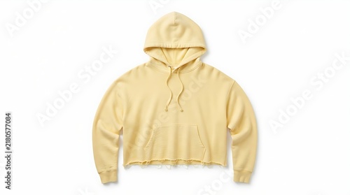 A light yellow cropped hoodie sweatshirt with a hood and long sleeves for casual everyday fashion clothing style