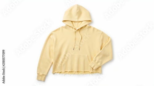 A light yellow cropped hoodie sweatshirt with a hood and long sleeves for casual comfortable spring fashion wear
