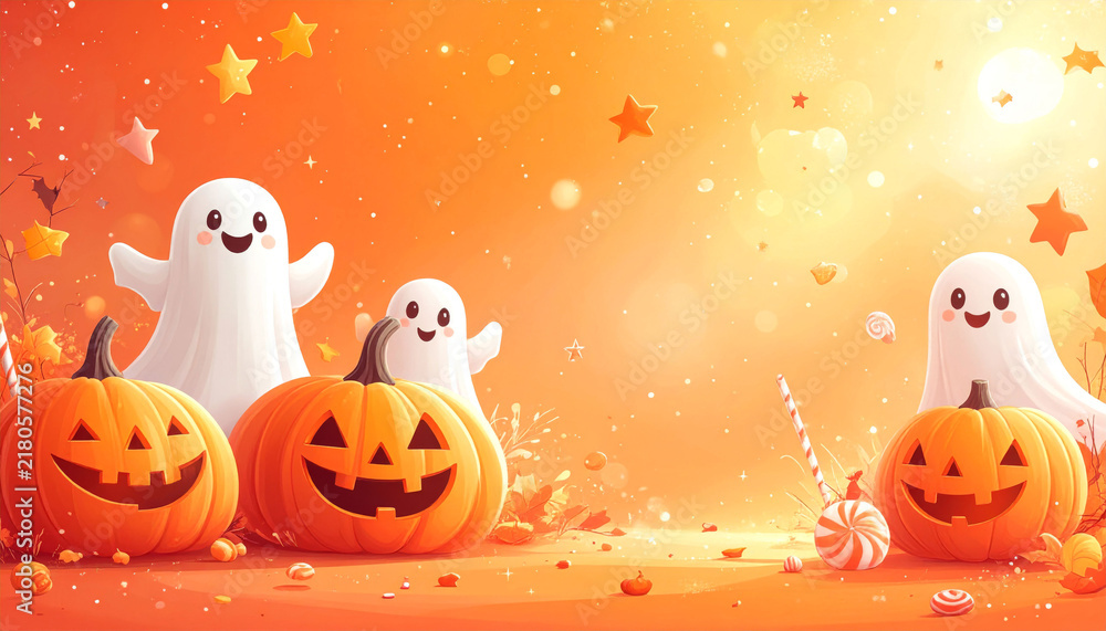 Fototapeta premium ハロウィン：可愛いお化けとカボチャのポップな背景デザインシリーズ