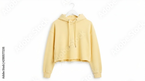 A soft pastel yellow cropped hoodie sweatshirt with a raw hem hanging on a simple hanger for fashion design