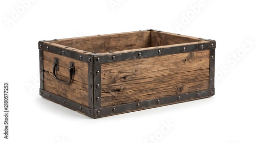 Rustic wooden storage crate with dark metal frame and rivets for industrial home decor and organization purposes