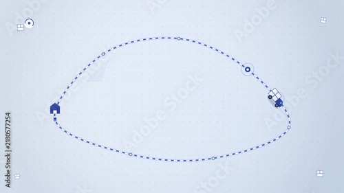 Illustrative animation depicting a digital journey with two distinct points connected by a dotted orbital path, symbolizing connection and movement
