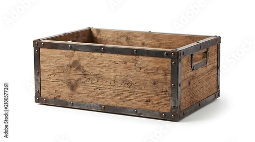 Rustic wooden storage crate with reinforced metal corners and sturdy black steel frame for industrial home decor