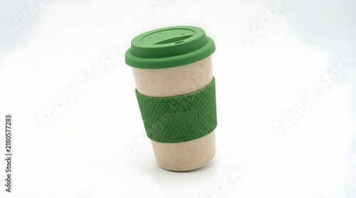 Reusable bamboo coffee cup with a green silicone lid and textured sleeve for hot drinks and beverages at home