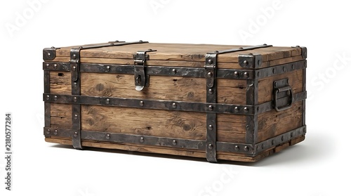 Old rustic wooden trunk with dark metal straps and iron hardware for storage of vintage items and travel gear