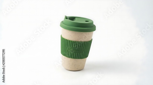Reusable bamboo coffee cup with a green silicone lid and sleeve for hot drinks on a light neutral surface