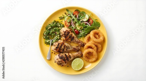 Roasted chicken drumsticks served with fresh green salad and golden onion rings on a bright yellow ceramic plate