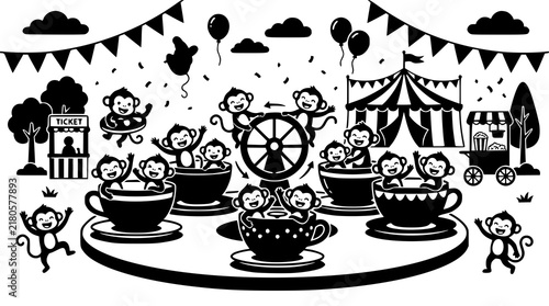 Happy Monkey Tea Cup Ride Vector Collection with Carnival Amusement Park and Circus Elements