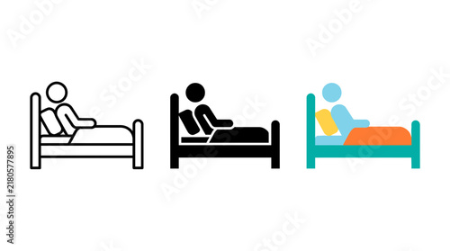 Person resting in bed icon set in outline solid colorful flat styles hospital illustration collection furniture