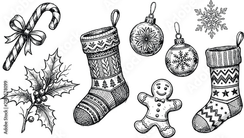 Hand drawn ink sketch collection of traditional christmas elements including stockings candy cane holly gingerbread man and ornaments
