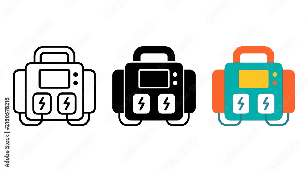 Fototapeta premium Portable power station generator icon set in outline glyph and flat color styles with generator portable electricity technology