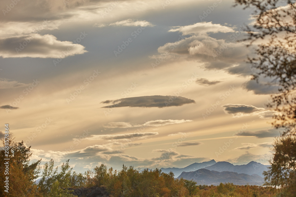 Fototapeta premium Environment, landscape and sunrise with woods, terrain and outdoor for adventure or conservation. Clouds, ecology and nature with scenery by mountain for discovery, exploration or natural space