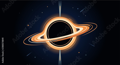 Foto Supermassive black hole vector illustration featuring a glowing orange accretion disk, gravitational lensing effects, bright polar relativistic jets, and a starry cosmic background