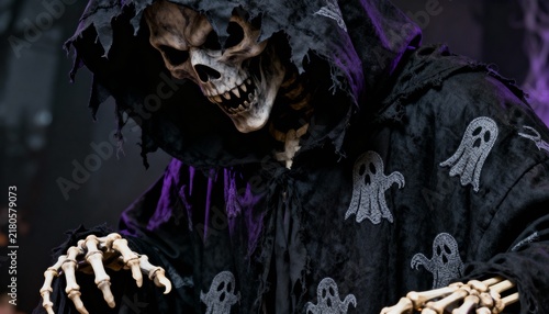 Hooded grim reaper skeleton in black robe with ghost patterns for spooky Halloween concept