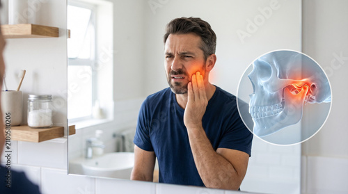 Man in bathroom mirror holding side of painful jaw with strained expression. Glowing red pain zone with CGI jaw and temporomandibular joint inset overlay. TMJ disorder concept