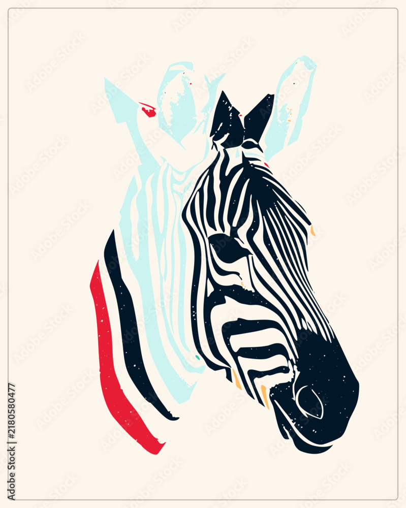 Obraz premium Bold zebra graphic portrait in high contrast dark ink. Features misaligned cyan/red offset shapes for depth and distressed speckled textures with sharp, no background.