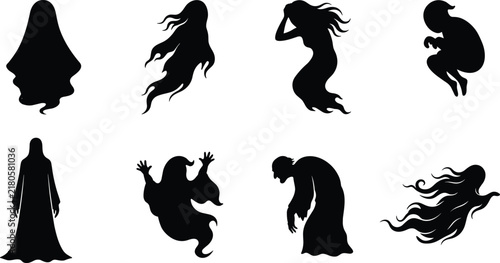 Konstfotografi Ghost Silhouette Set Spooky Halloween Flying Phantom Wraith Spectre Characters V