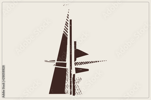 Photography Weathered sailboat in grunge stencil style, dark hull silhouette with hatched rigging and sail